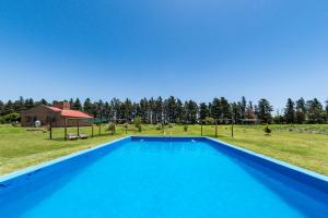 a large blue swimming pool in a field with a house at El Encuentro Casa de Campo in Río Cuarto