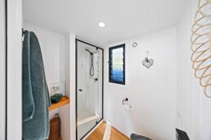 a bathroom with a walk in shower and a mirror at Lily Pad Tiny Home in Maleny