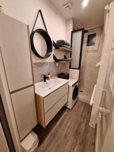 a small bathroom with a sink and a mirror at Les Arquebusiers in Chalons en Champagne +15 photos