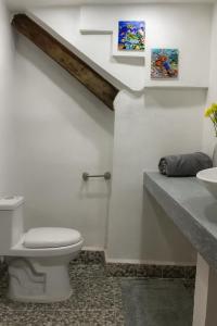 a bathroom with a toilet and a sink at Casa Centenario in Taxco de Alarcón +14 photos