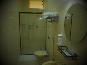 a bathroom with a shower and a toilet and a mirror at Hotel San Remo in Ubá +23 photos