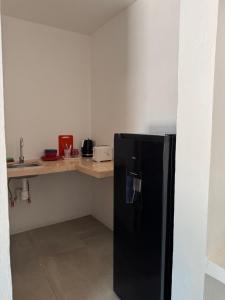 a black refrigerator in a kitchen with a counter at Habitat in Barra de Navidad
