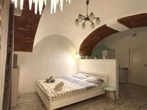 a bedroom with a bed in a room with a ceiling at Roxen Central Studio Sibiu in Sibiu +4 photos
