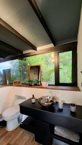 a bathroom with a toilet and a sink and a window at Cabaña en el Lago Cerca MetroCable ARVI in Guarne