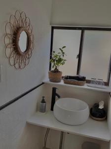 a bathroom with a white sink and a mirror at 愛犬と泊まれる宿 ほこほこsaza 一棟貸し 海も川も徒歩圏内 dog run付き 釣りの穴場 サーフィン 自然 満点星空 蛍鑑賞 最大7名 in Miyazaki