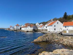 a group of houses on the shore of a body of water at Bausje Beach House in Farsund