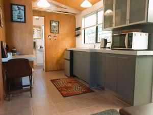 a kitchen with a counter top and a microwave at Manukorihi Sweet Guesthouse in Waitara