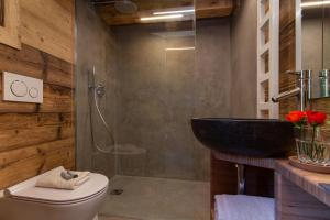 a bathroom with a sink and a toilet and a shower at Mazot du Mont-Blanc w/View, Terrace & Stove, (Sleeps 4) - Happy Rentals in Chamonix +22 photos