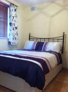 a bedroom with a bed with blue sheets and a window at Glendale Chestnut Grove in Rosslare