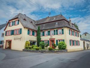 a large building with green shutters on a street at Weingut Herrenhof Andrea Thielen in Minheim