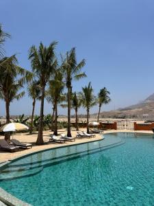 a swimming pool with palm trees and lounge chairs at Arabian Coral in Ḩaḑbaram