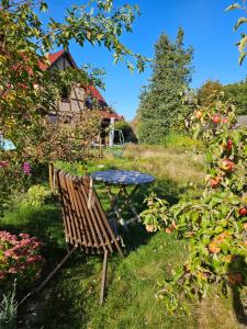 a picnic table and a bench in the grass at Ferienwohnung Peetsch am See in Mirow