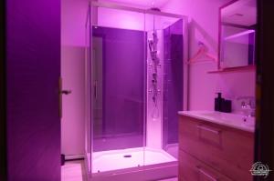 a purple bathroom with a shower and a sink at LoveRoom Les Folies Douces & Spa in Nancy
