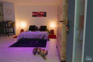 a bedroom with a bed and a dog laying on the floor at LoveRoom Les Folies Douces & Spa in Nancy