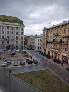 a city street with cars parked on the street at Alfa Apartments Grygorenko in Lviv