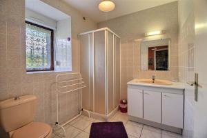 a bathroom with a toilet and a sink and a window at Le paradis in Plouguenast +33 photos