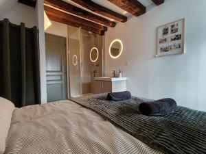 a bedroom with a large bed with two pillows on it at Appartement rénové centre Pont-Audemer-calme, Wi-Fi, proche Honfleur in Pont-Audemer