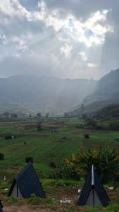 two tents in a field with mountains in the background at Secret valley vattavada in Vattavada