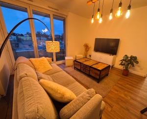 a living room with a couch and a flat screen tv at L'appartement du Château in Pfastatt