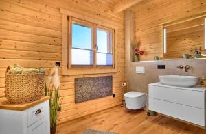 a bathroom with a sink and a toilet and a window at Manus Hoizhütterl in Sankt Oswald +48 photos