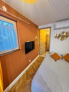a bedroom with two beds and a flat screen tv at Gite du paradis in Le Luc