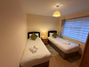 two twin beds in a room with a window at The Colony Townhouse Dingle in Dingle