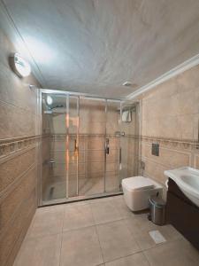a bathroom with a shower and a toilet and a sink at Hayat Zaman Hotel And Resort Petra in Wadi Musa +207 photos