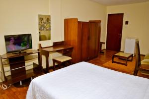 Dormitorio con cama, escritorio y TV en Hotel Estoril, en Pelotas