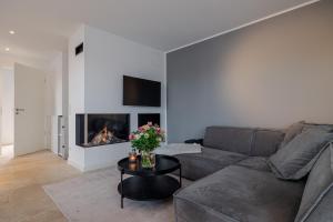 a living room with a couch and a fireplace at Pure Tinnum in Sylt