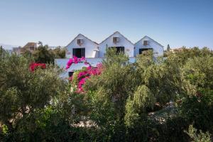 una casa blanca detrás de algunos árboles y flores en Orionas Village, en Kato Daratso