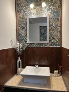 a bathroom with a white sink and a mirror at Mohács Korona Apartman in Mohács +55 photos