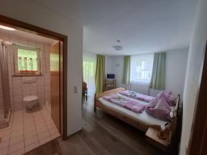 a bedroom with a bed and a bathroom with a shower at Pension Sochor in Aidenbach