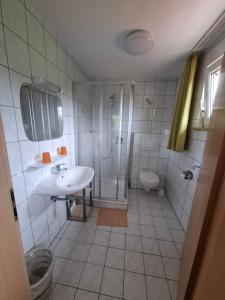 a bathroom with a sink and a shower and a toilet at Pension Sochor in Aidenbach