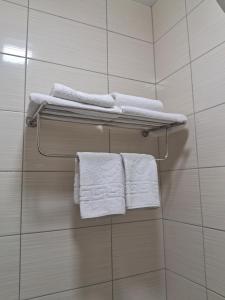 a bathroom with white towels hanging on a wall at BavariaHotel in Kharkiv +29 photos