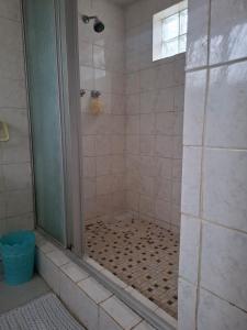 a shower with a glass door in a bathroom at Melrose Garden Cottages - Hibiscus Cottage in Durban +4 photos