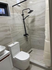 a white bathroom with a toilet and a shower at Home Kodjori in Kojori +7 photos