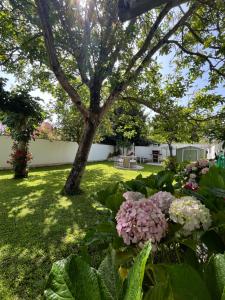 a garden with pink flowers and a tree at Casa Divarro in O Grove