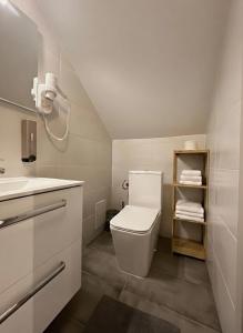 a white bathroom with a toilet and a sink at Zemlinsky Loft Bunk Room in Payerbach +15 photos