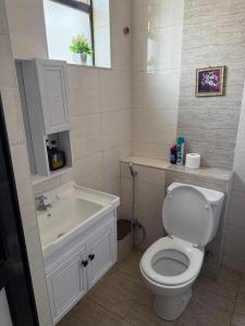 a bathroom with a white toilet and a sink at Modern Airport Studio apartment 5 mins to JKIA &SGR,Fast Wi-Fi,Ideal for layovers and longstays in Nairobi