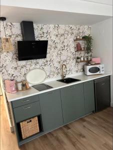 a kitchen with a counter with a sink and a microwave at Las Marismas-Puente del Rey in El Rocío