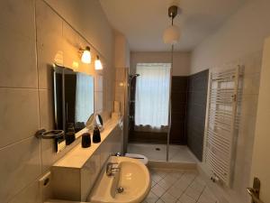 a bathroom with a sink and a toilet and a shower at Bastians Herberge in Leipzig +31 photos