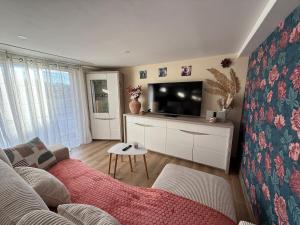 a living room with a couch and a flat screen tv at Serenity's Home in Naintré
