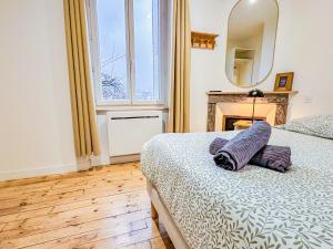 a bedroom with a bed and a fireplace and a mirror at Grand appartement avec jacuzzi et jardin in Clermont-Ferrand