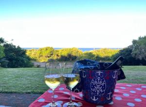 two glasses of white wine on a table with a trashcan at Seven Sardines Beach House in Port Edward