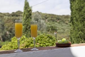two glasses of orange juice and a bowl of fruit at Cortijo La Algallumbilla in Carcabuey