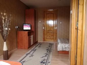a room with a door and a bed and a television at Vila Nely in Râşnov