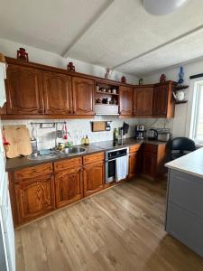 a kitchen with wooden cabinets and wooden floors at Laufás Guesthouse in Hellissandur