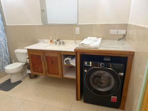 a bathroom with a sink and a washing machine at You 4 Ric Piton Suites in Soufrière +62 photos