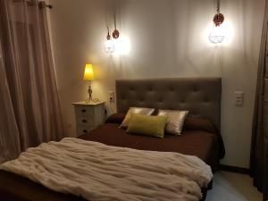 a bedroom with a large bed with two pillows at Hôtel de la Plage in Narbonne
