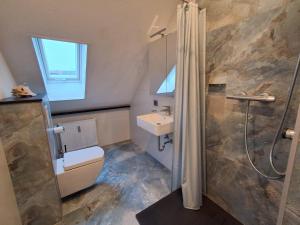 ein Badezimmer mit Dusche, Toilette und Waschbecken in der Unterkunft FeWo Bodo in Freisen + 10 Fotos